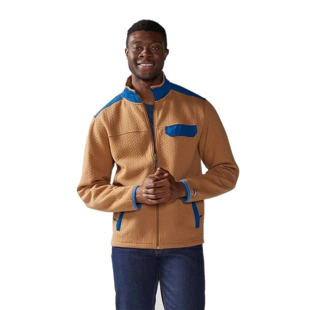 Chubbies Mens Small Quilted Full Zip Jacket Tan Navy Blue Mock Neck Basketweave